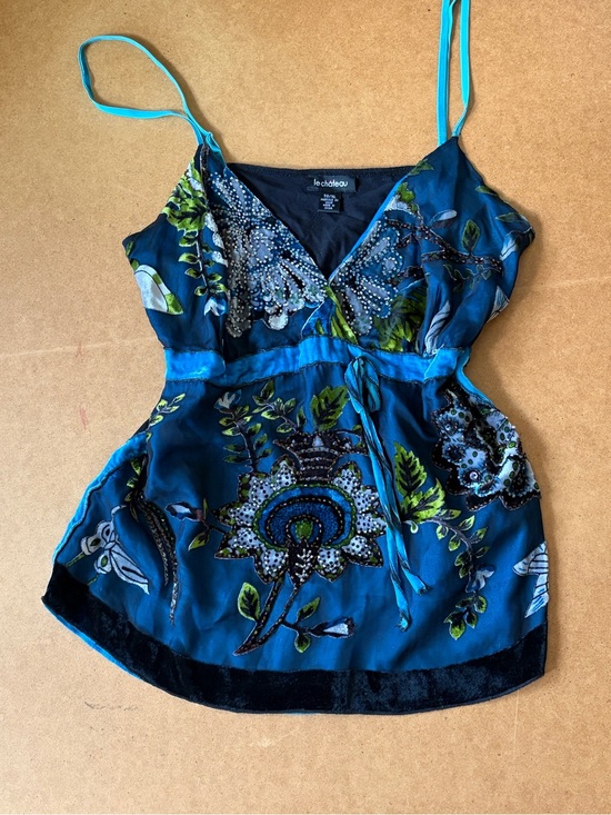 le chateau Tops - le chateau Teal and Navy Floral Beaded Silk Cami